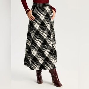 Commense High Waist Line Flared Plaid Long Skirt